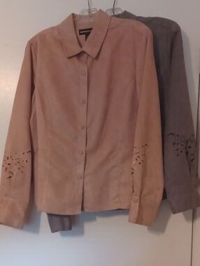 Two Ladies Faux-Suede Button-Front Jackets. One Jacket Pink And One Jacket Gray